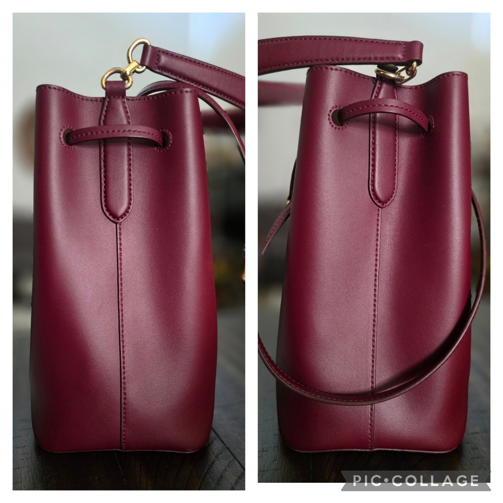 Lauren Ralph Lauren Burgundy Leather Drawstring Satchel - Picture 6 of 16